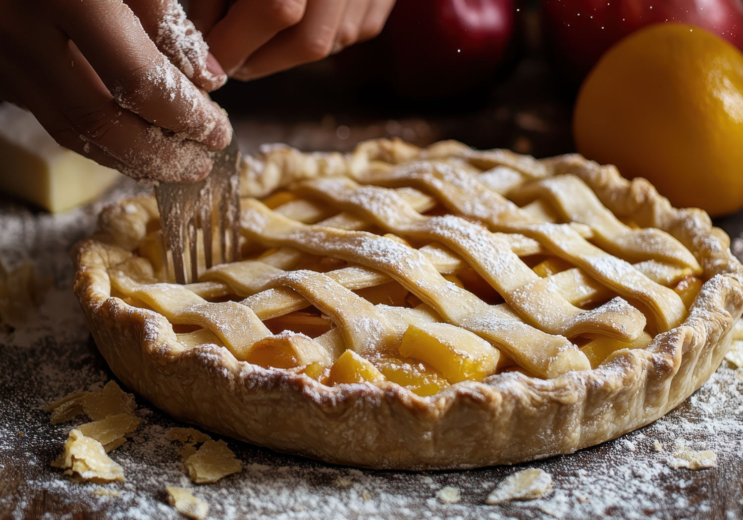 Finishing preparing an apple pie with apples in the background. Grandma Hatties Table