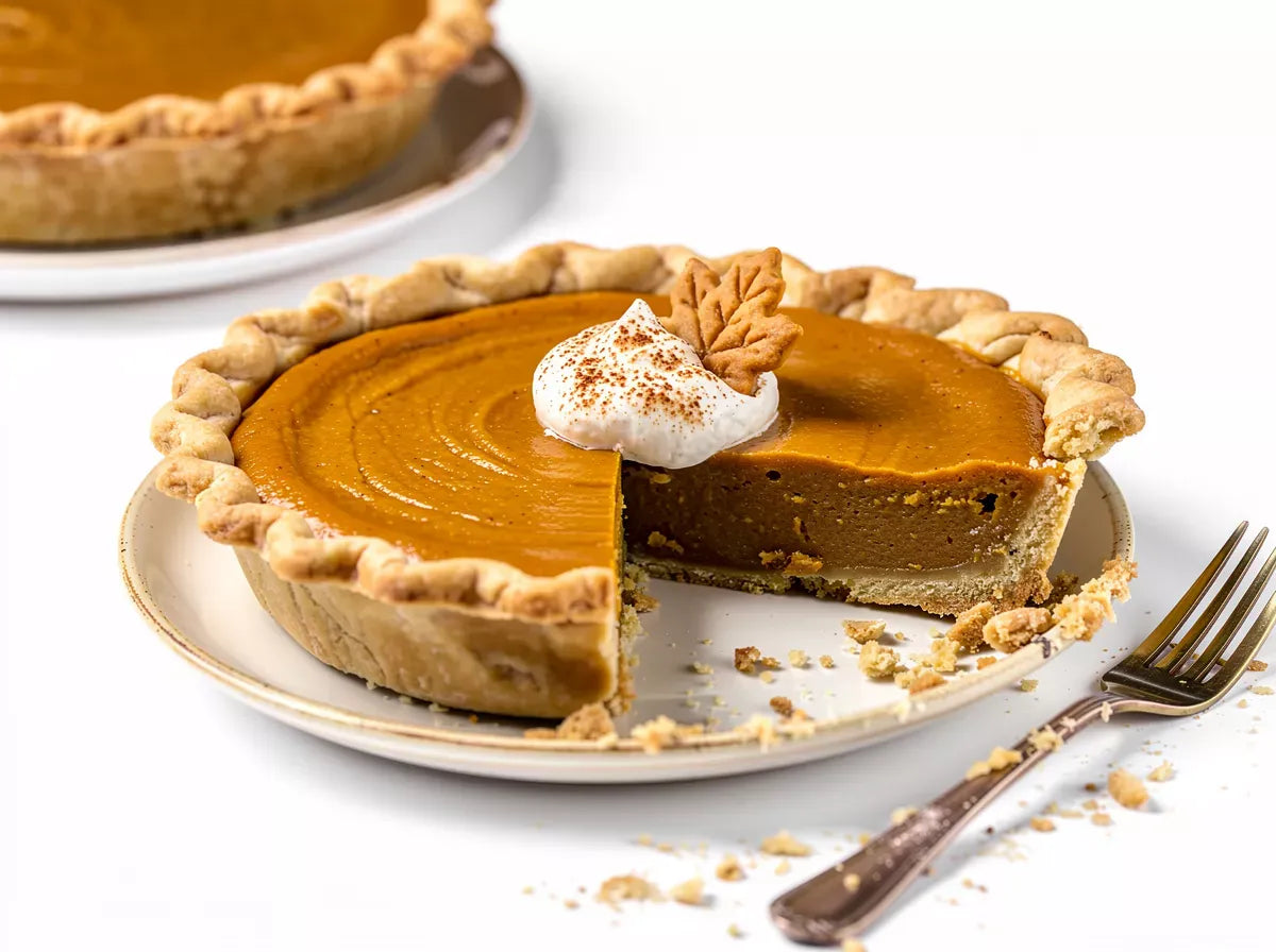 Pumpkin pie with a slice missing, topped with whipped cream and a leaf decoration, on a white plate. Grandma Hatties Table