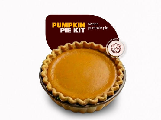 Pumpkin pie kit with a brown label on a white background Pumpkin pie kit Grandma Hatties Table, Colorado.