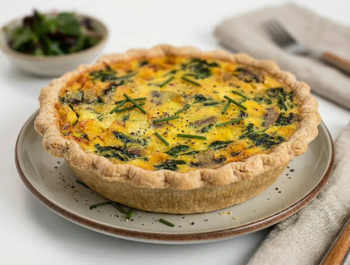 Spinach and cheese quiche on a plate with a side of salad. Grandma Hatties Table. 