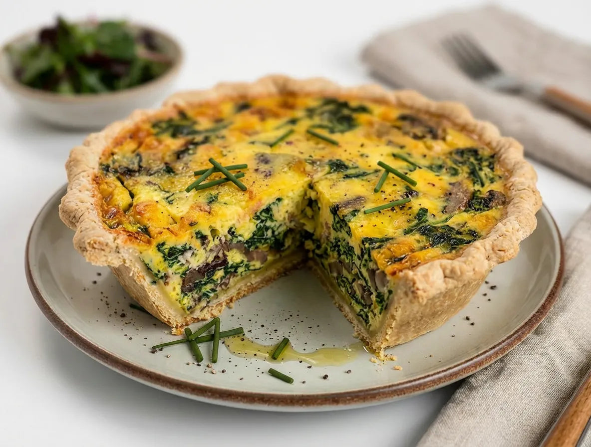 Spinach and mushroom quiche on a plate with a side of salad. Grandma Hatties Table.