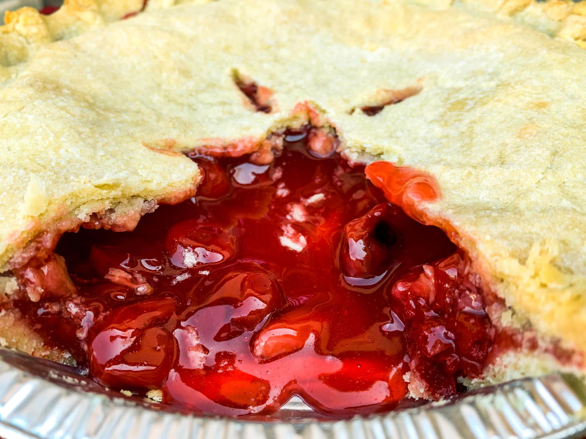 Cherry filling Pie. Crust is light, flaky and buttery. Grandma Hatties Recipe.