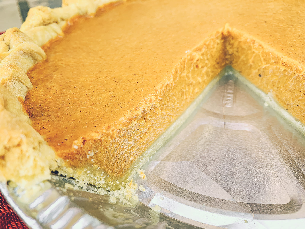 Handcrafted pie crust filled with silky sweet potato custard with sugar and cinnamon. Grandma Hattie Recipe.